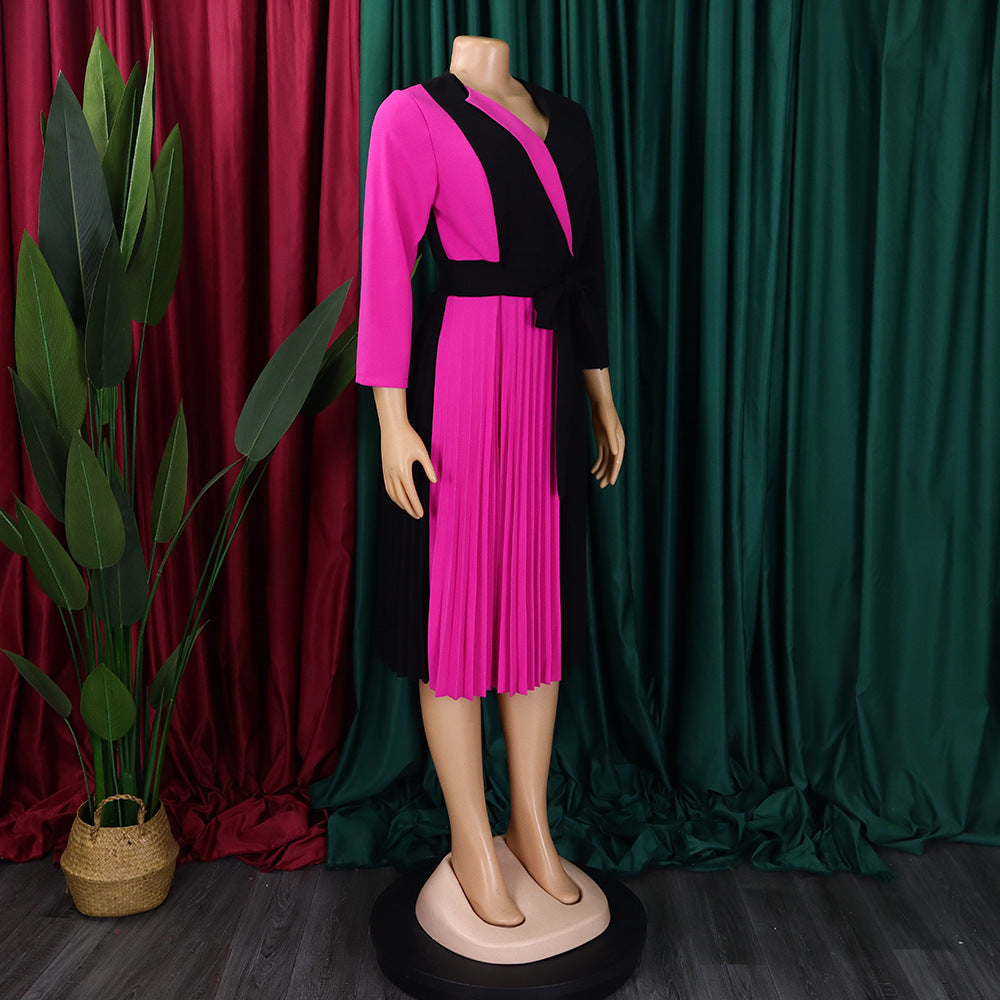 Africa Plus Size Women's Fashion Chic COLorblock Lace-Up Pleated Elegant Dress 24