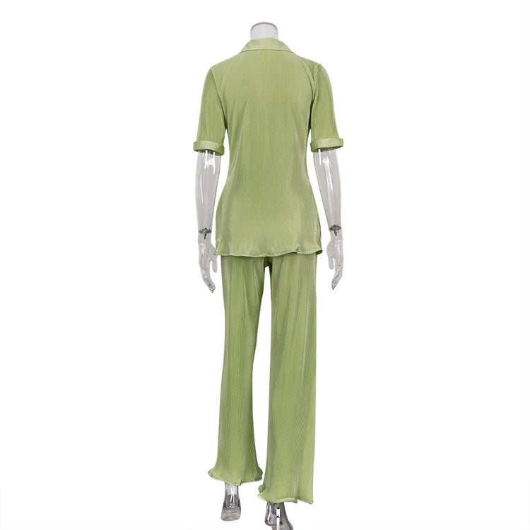 Women Summer French Short Sleeve Shirt And Pleated Wide Leg Pants Two Piece Set 10