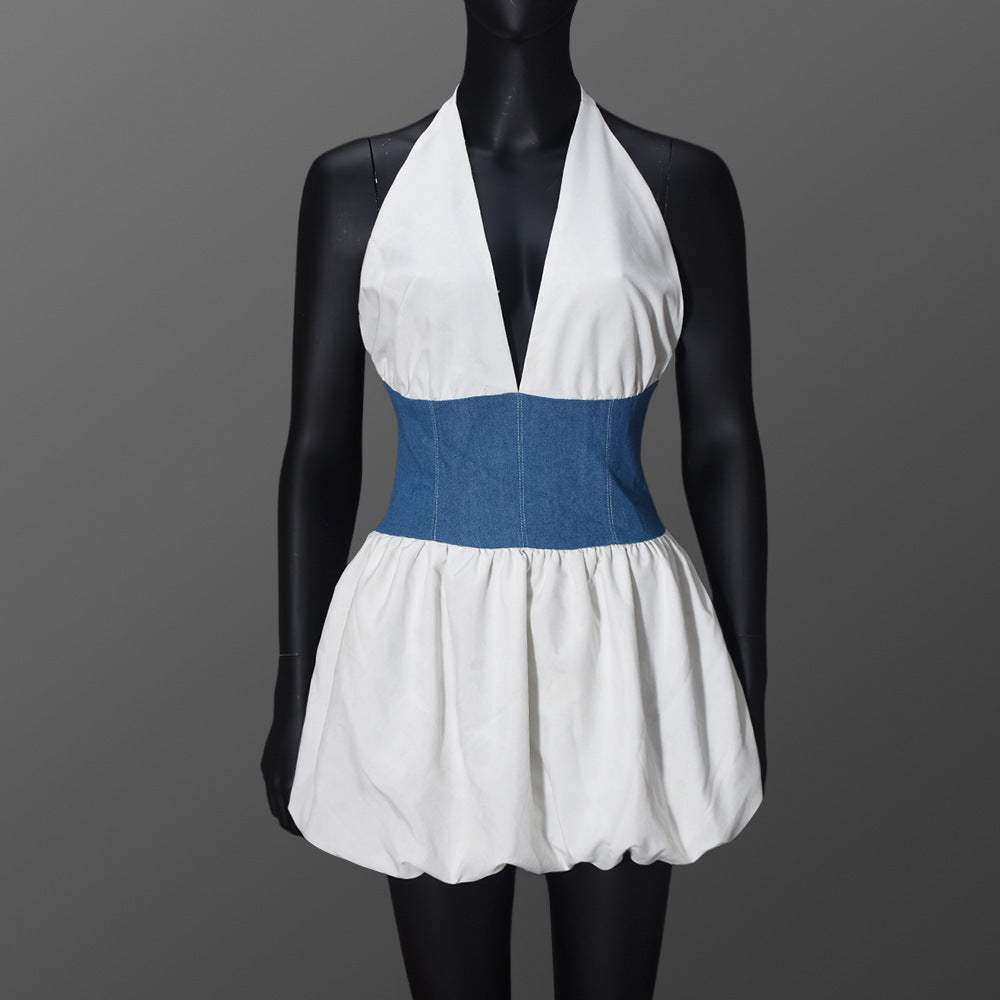 Women Fall Sexy Backless Lace-Up Contrast Patchwork Halter Neck Dress 6