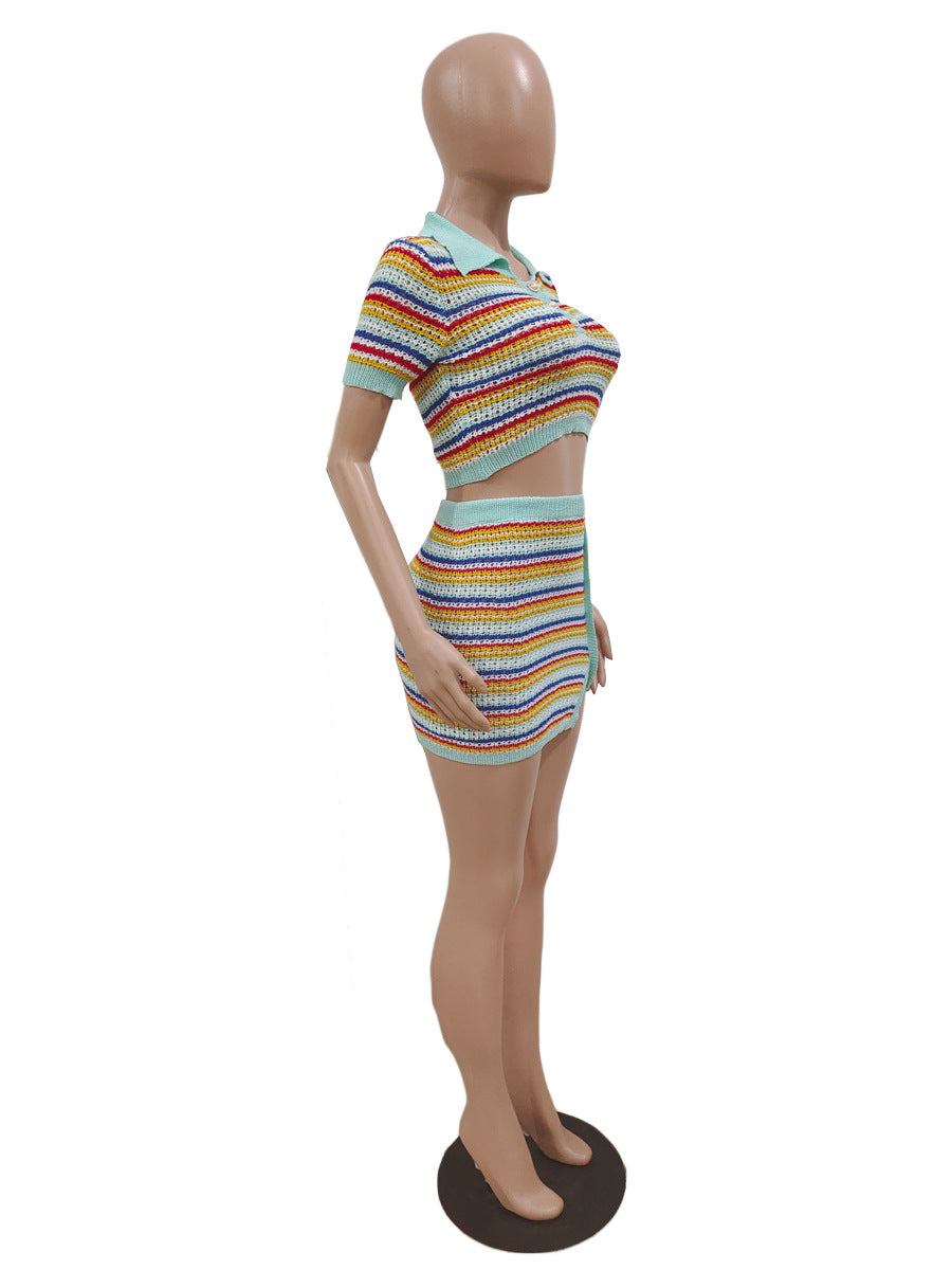 Fashion Turndown Collar Short Sleeve Crop Stripe Colorblock Sexy Knitting Short Slim Fit Women's Dress 9