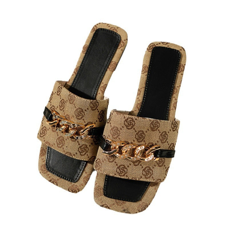 Summer Women Square Toe Rhinestone Chain Fashion Outdoor Wear Slippers Beach Sandals 9