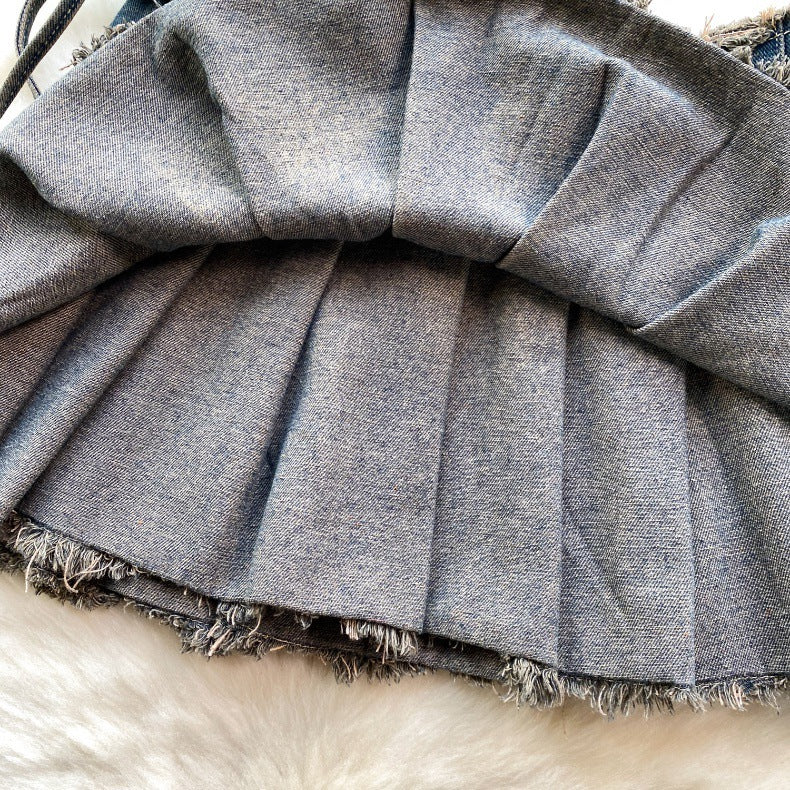 Women Vintage Pleated Bow Denim Skirt 10