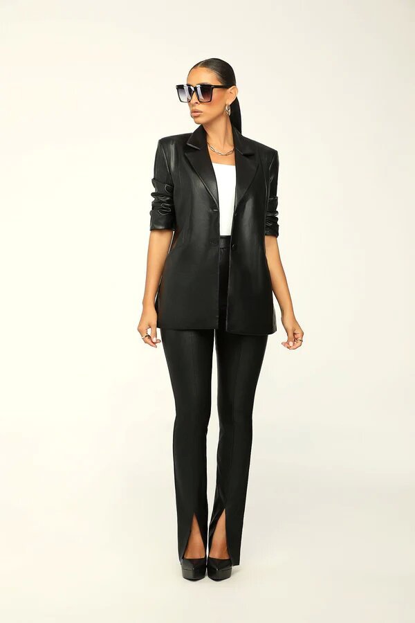 Women'S Pu Leather Turndown Collar Blazer Slit Tight Pants Two Piece Set 3