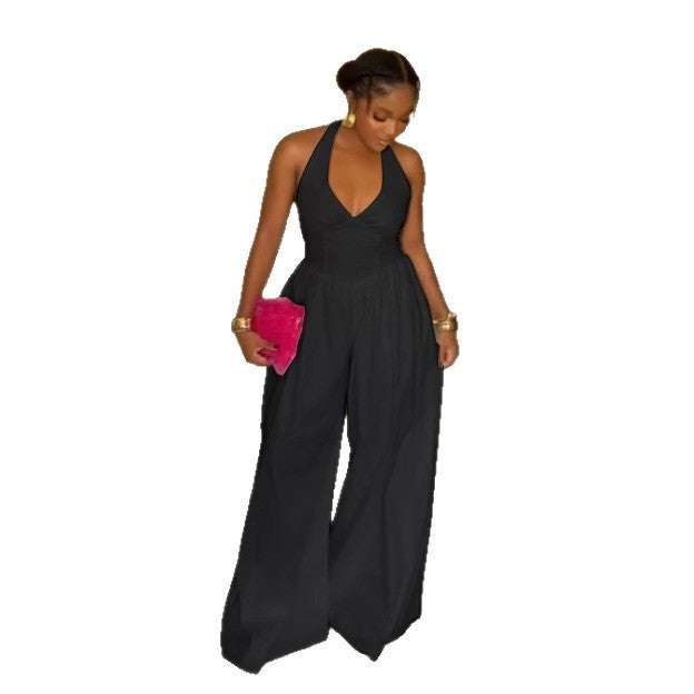 Elegant Halter Neck V-Neck Low-Back Solid Color Wide-Leg Jumpsuit 7