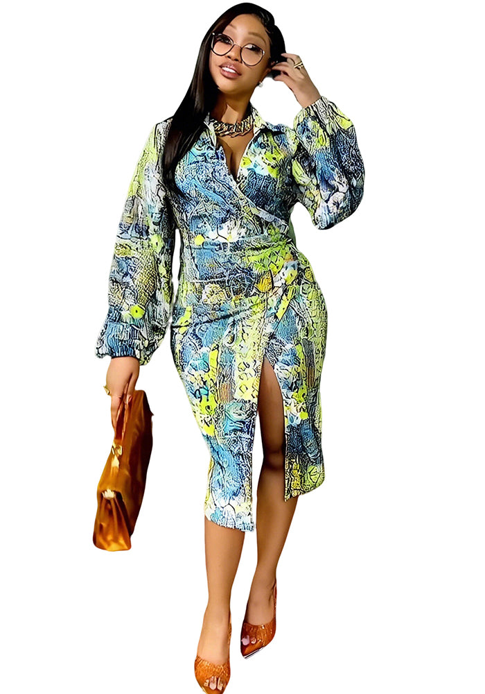Women's Spring Autumn Long Sleeve Tie-Waist Sexy Bodycon Slit Print Color-Blocking Shirt Dress