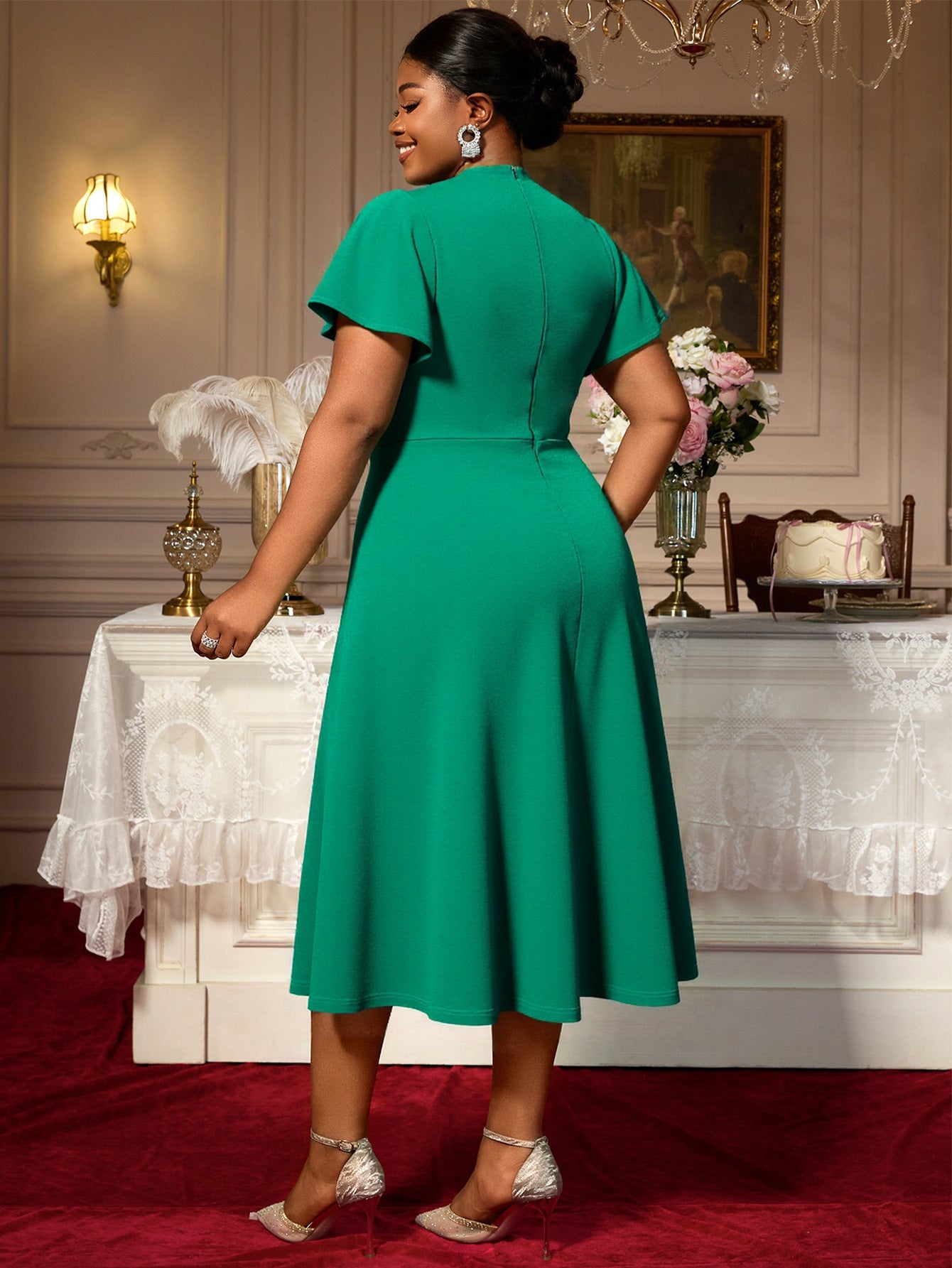 Plus Size Women's Flounce Short Sleeve Mesh Patchwork Rhinestone A-Line Elegant Dress 4