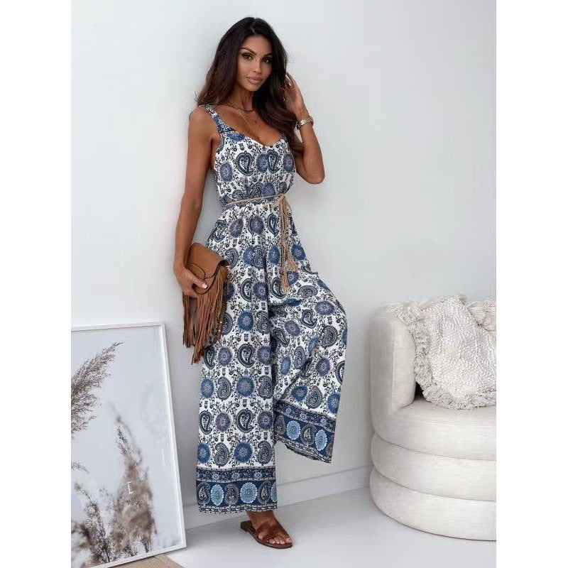 Women Summer Printed Suspender V-Neck Jumpsuit with Belt 10