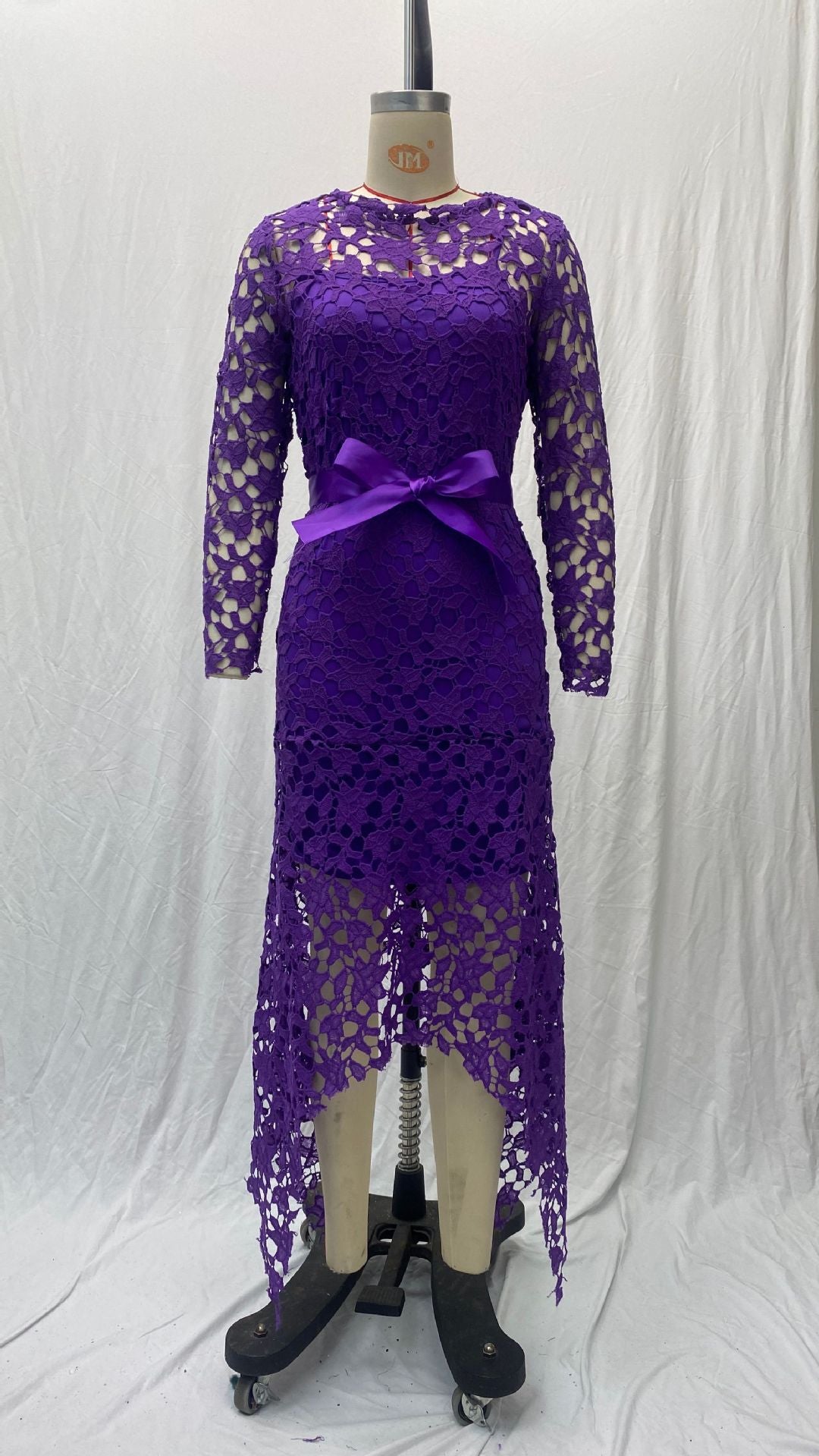 Women Lace Hollow Long Sleeve Stand Collar Lace Irregular Dress 18