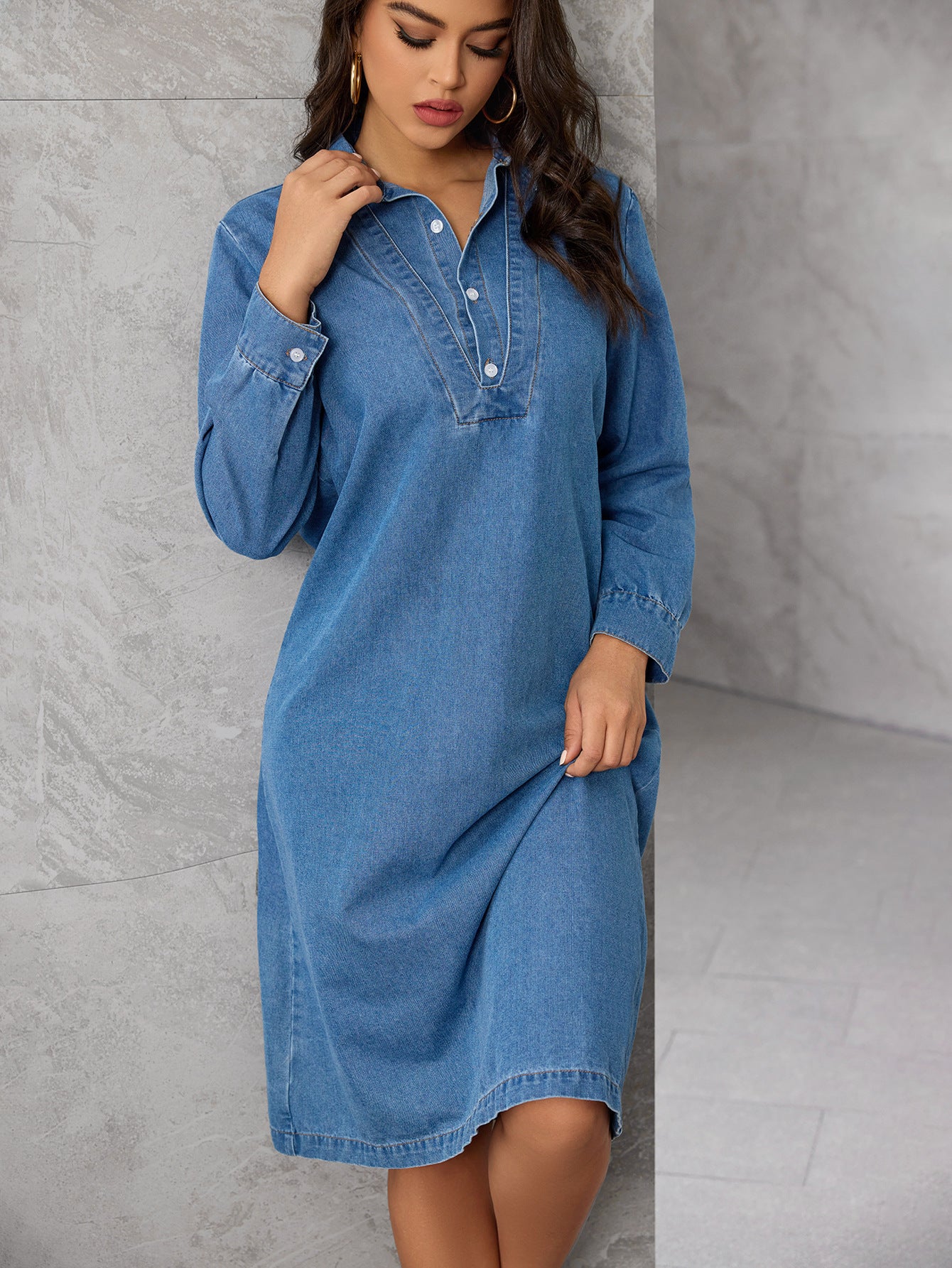Chic Turndown Collar Long Sleeve Autumn Winter Loose Shirt Denim Dress 6