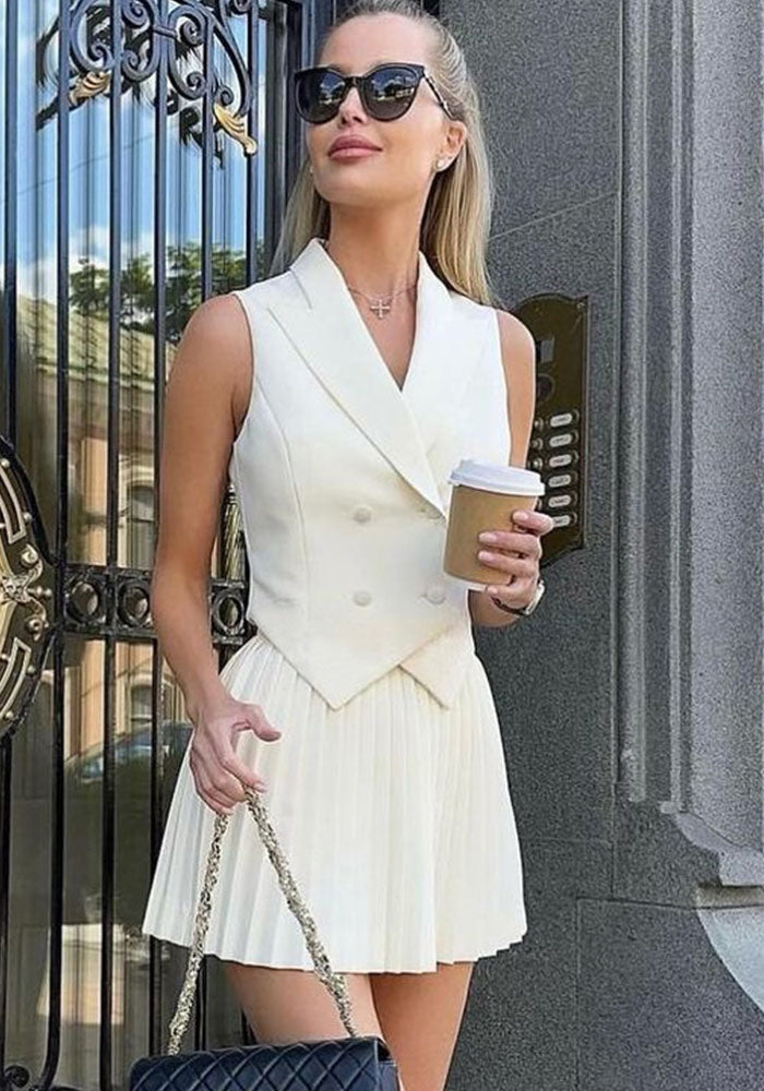 Women Summer Turndown Collar Irregular Top and Pleated Skirt Casual Two-piece Set
