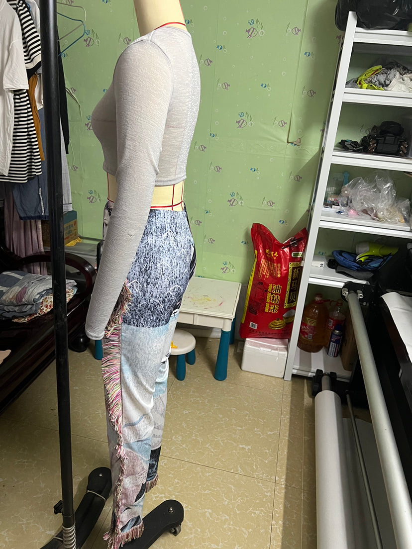 Fall Casual Fashion Women's Multi-Color Pattern Fringed Pants 7