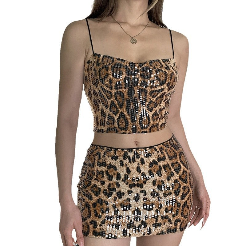 Street Fashion Leopard Print Sequin Bodycon Two-Piece Skirt Set