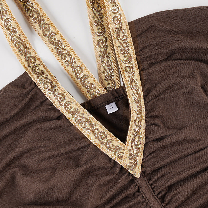 Women American-Style V-Neck Ethnic Ribbon Contrast Color Patchwork irregular pleated Halter Neck dress 13