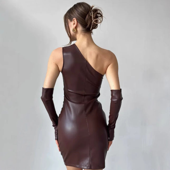 Women Pu-Leather Slash Shoulder Sleeveless Sleeve Bodycon Dress 4