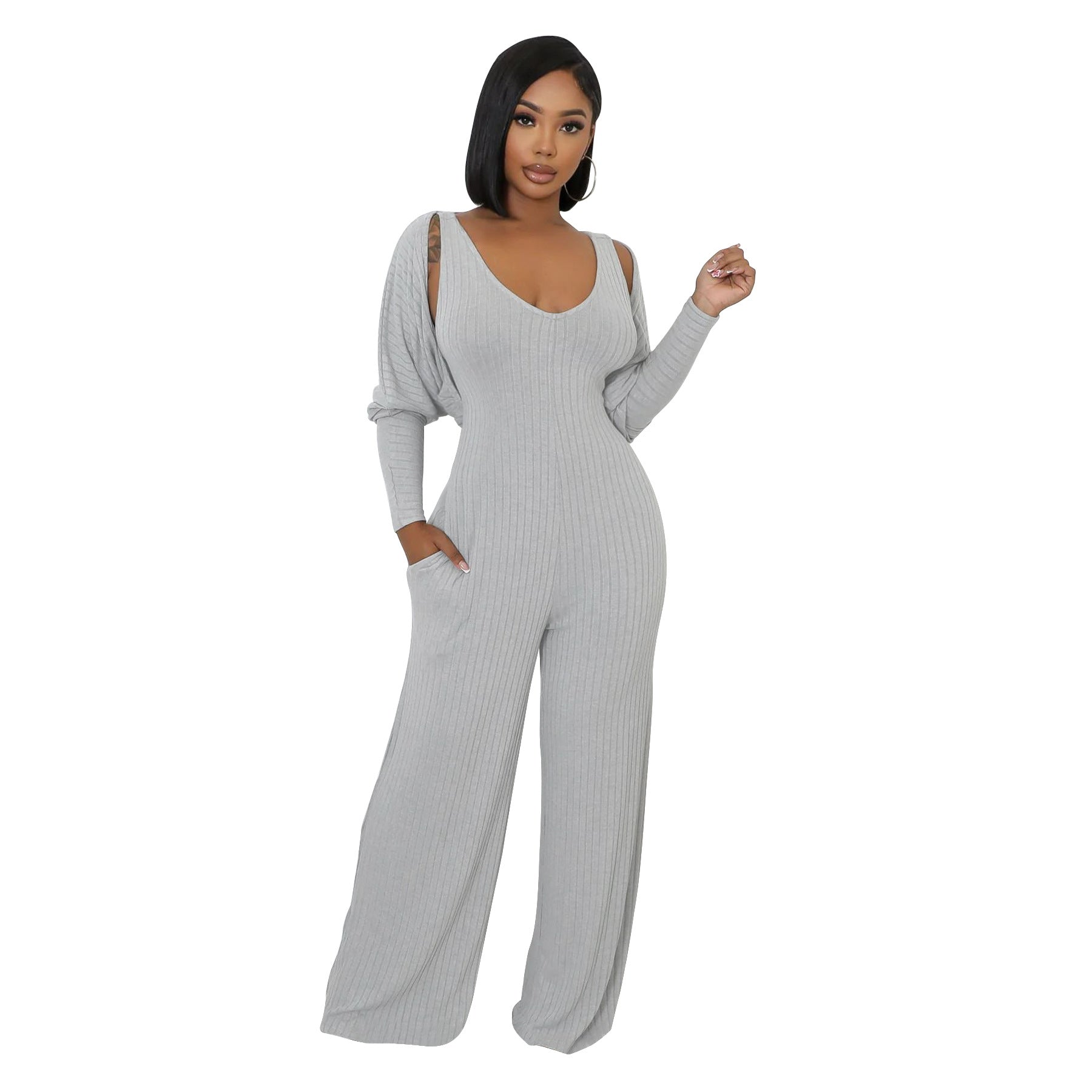Women’s Fashion Ribbed High-Stretch Cape Top Sleeveless Jumpsuit Set 10