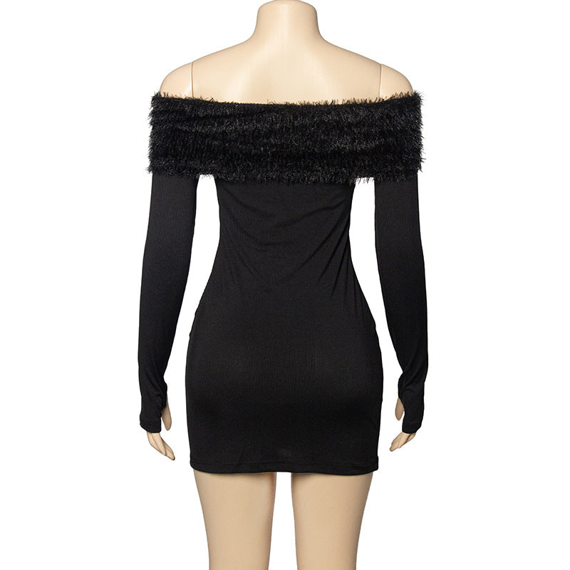 Women Solid Long Sleeve Off Shoulder Patchwork Furry Sexy Mini Dress 12