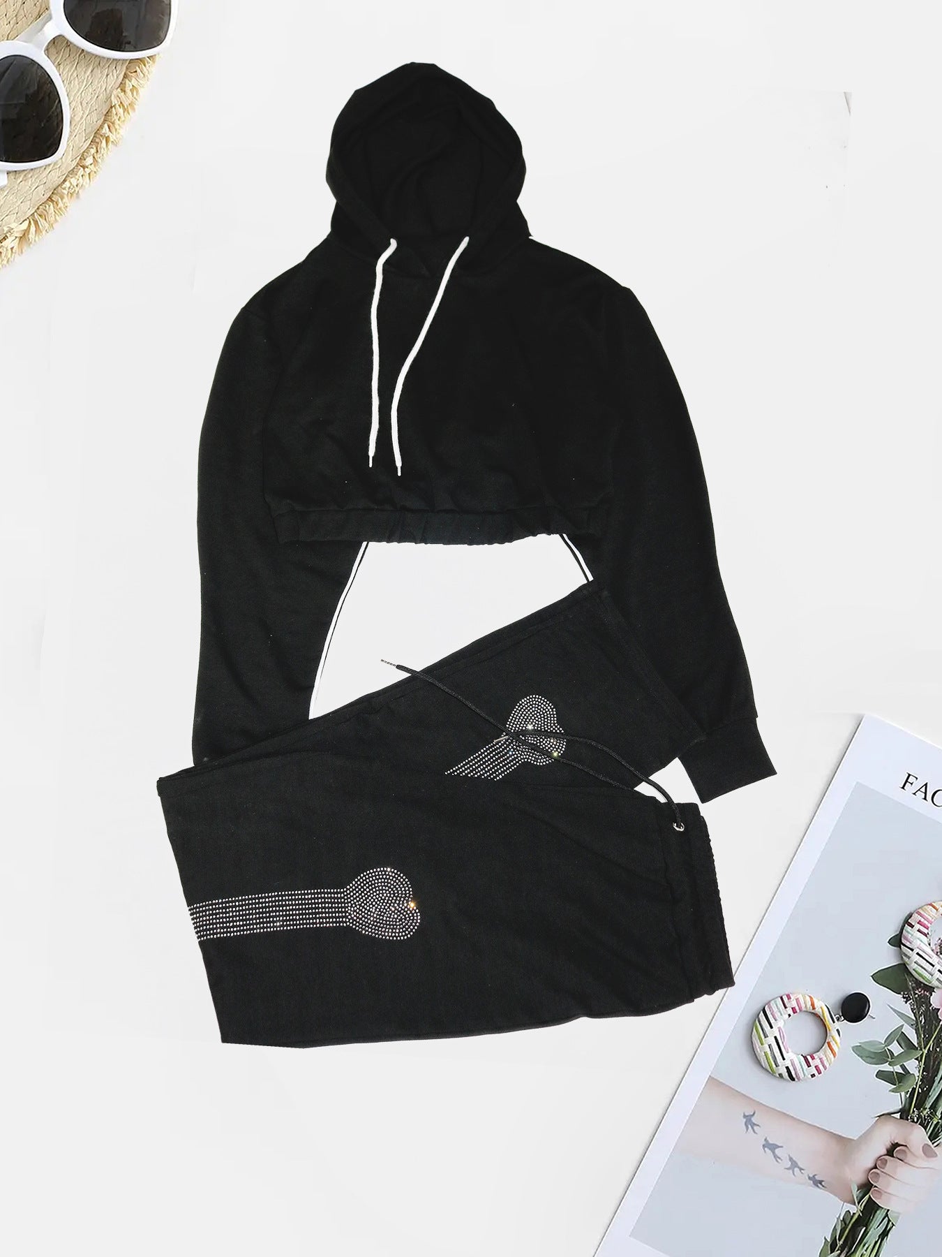 Women Casual Hoodies Beaded Two Piece Set of Trousers 6