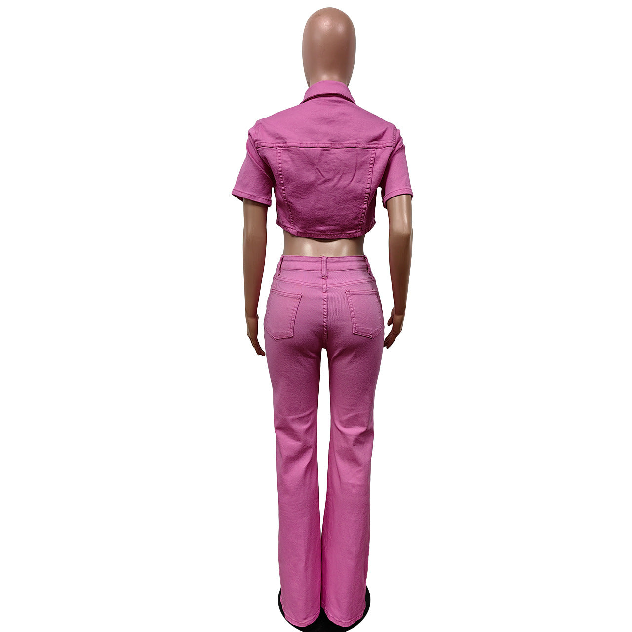 Spring And Summer Denim Short Sleeve Suit Solid Color Jacket Bell Bottom Stretch Pants Two Piece Set 26