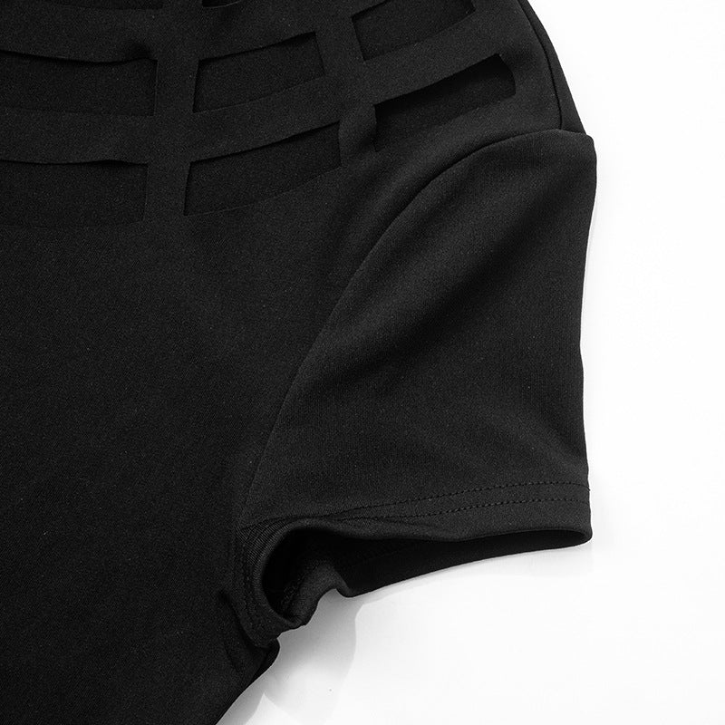 Women's summer fashion hollow solid color Patchwork Round Neck short sleeve slim dress 12