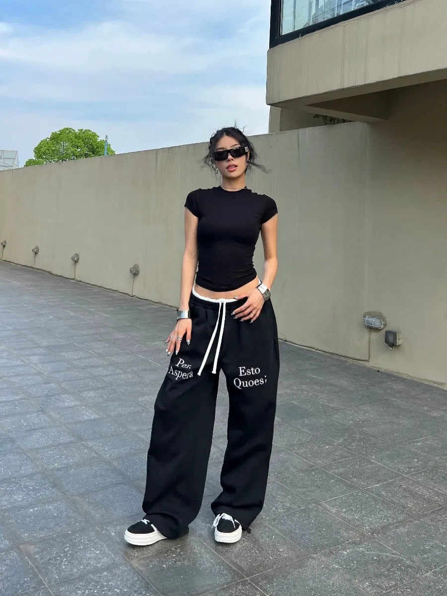 Color Contrast Patchwork Waist Loose Straight Casual Pants 8