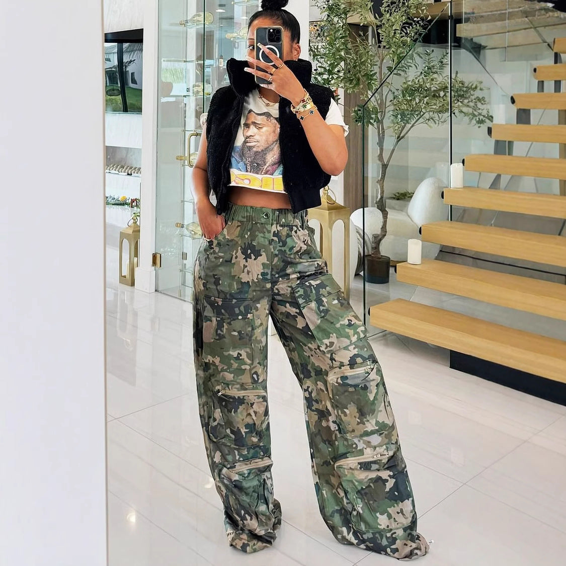 Summer Camouflage Print High-Waist Loose Cargo Pants