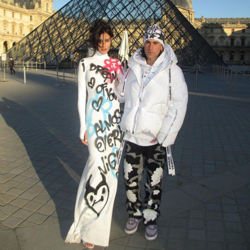 Women Fall Round Neck Long Sleeve Graffiti Letter Print Dress 4