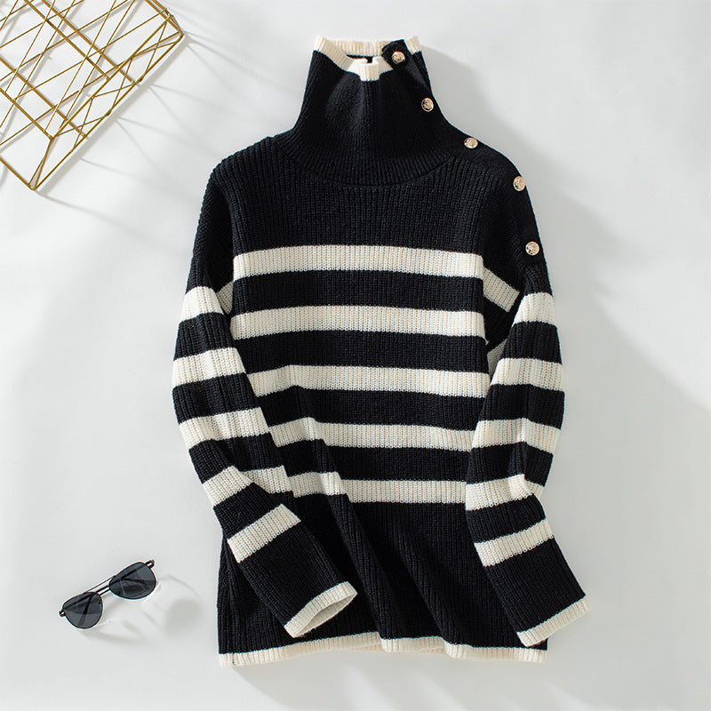 Striped Turndown Collar Pullover Ladies Women Knitting Shirt Autumn Winter Casual Button Sweater 8