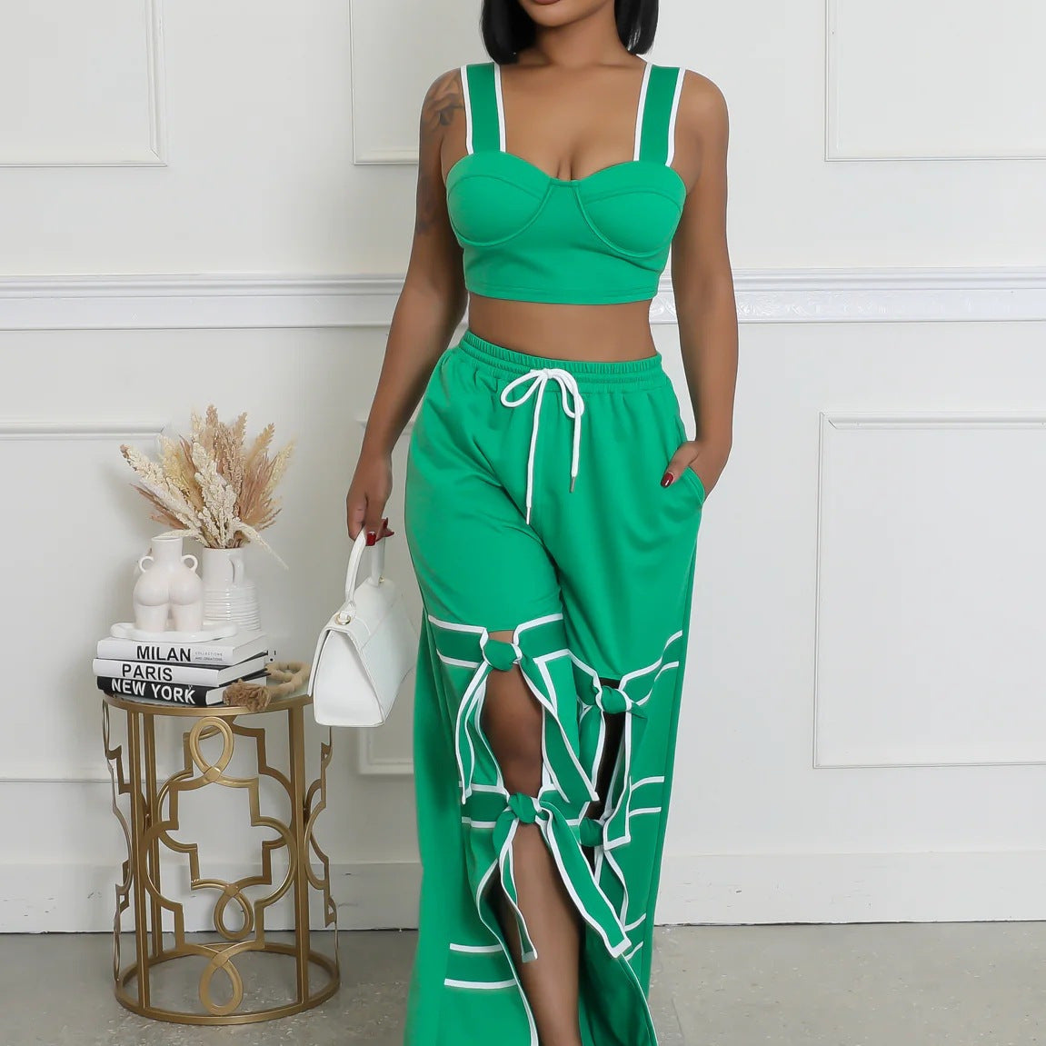 Women's Strap High-Waist Lace-Up Fashion Two Piece Pants Set 10