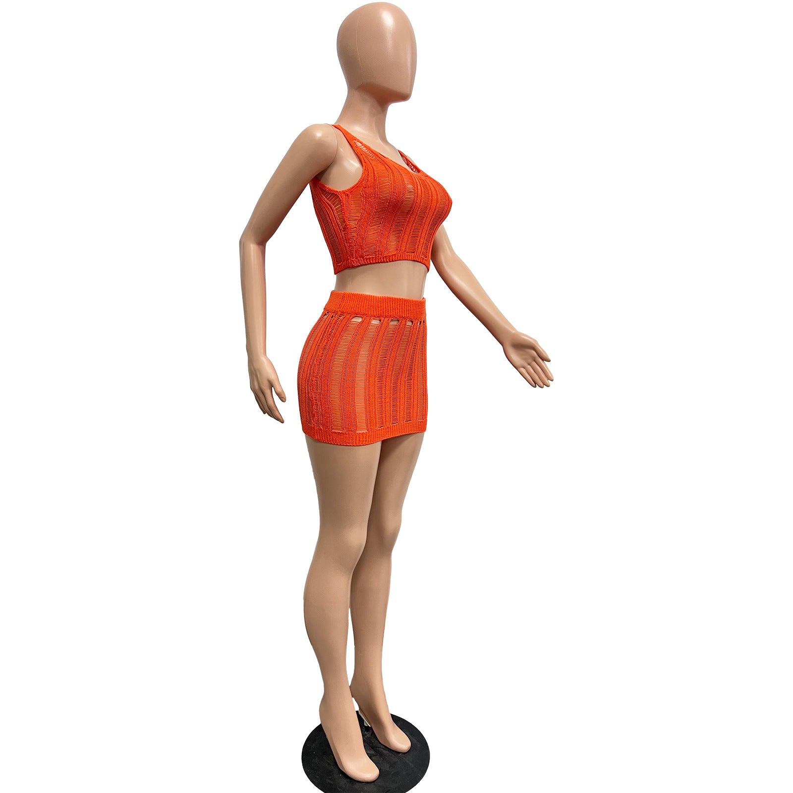 Women Sexy Knitting Hollow Tank Top and Skirt Two-piece Set 15