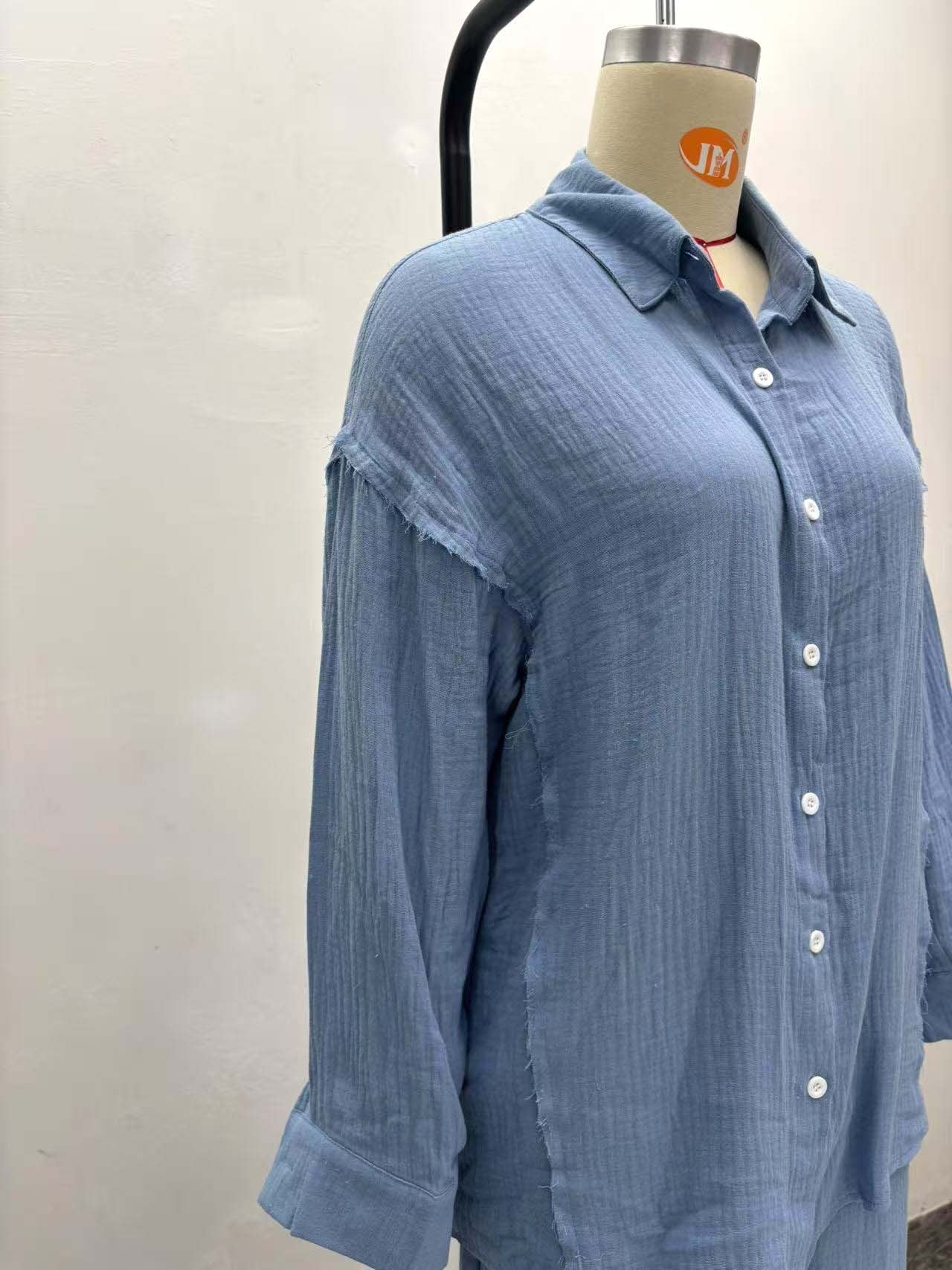 Women Turndown Collar Long-Sleeved Shirt and Pants Two-Piece Set 7