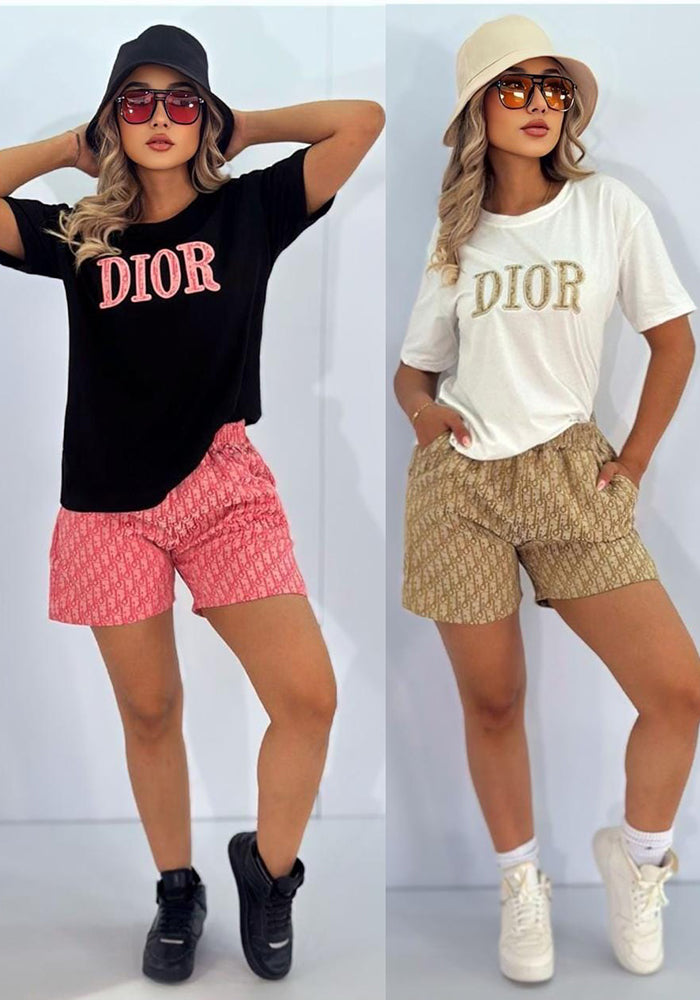 Women summer embroidery + printed short-sleeved top and shorts two-piece set