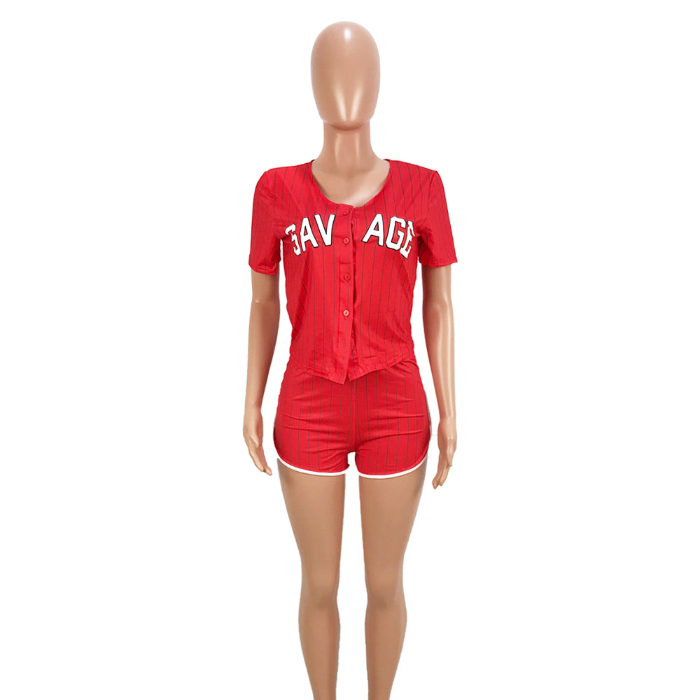 Women Sexy Women Striped Letter Baseball Top and Skirt Two-piece Set 20