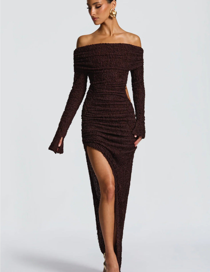 Long Sleeve Waist Cut-Out Off Shoulder High Slit Textured Dress 4
