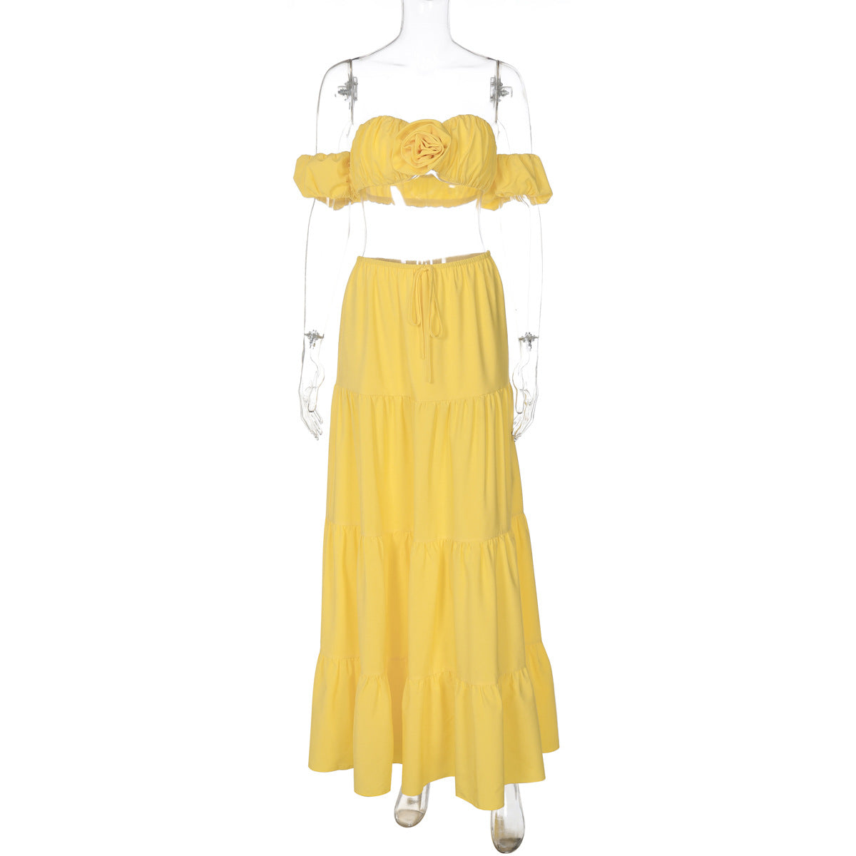 Women's Summer Solid Color Sexy Short-Sleeve off shoulder Pleated Ruffle skirt Set 10