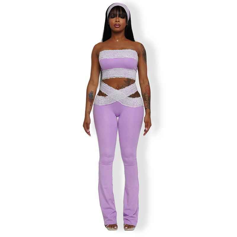 Women sexy lace Strapless Top cross hollow trousers two-piece suit 9