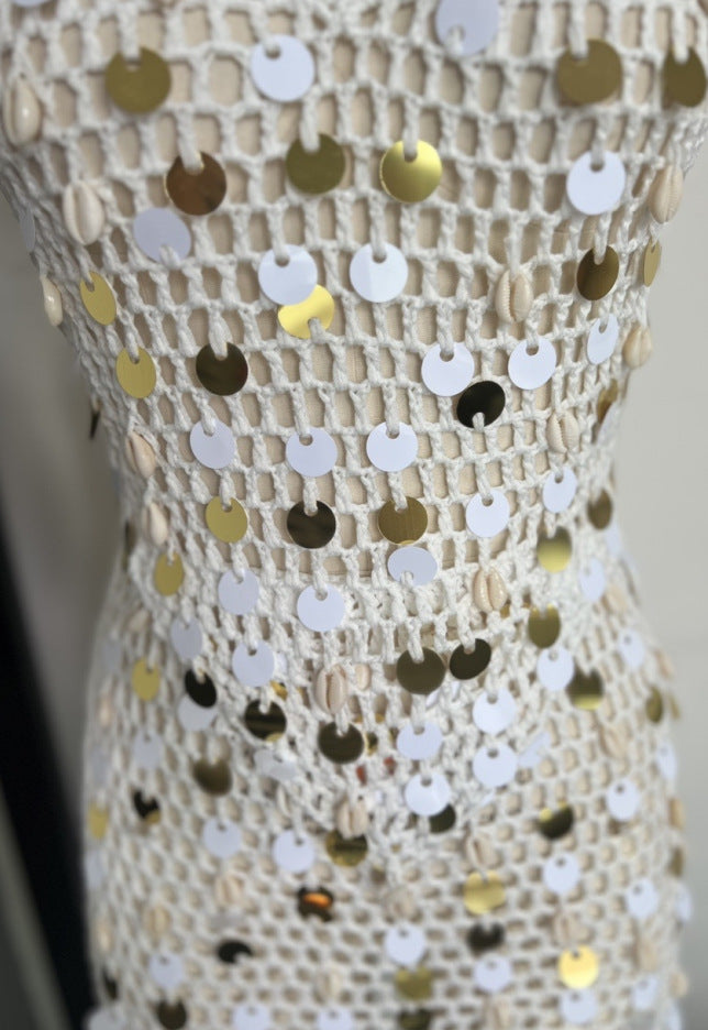 Halter Neck Two-Piece Summer Women's Sexy Low-Back Skirt Set with Shell Decor 10