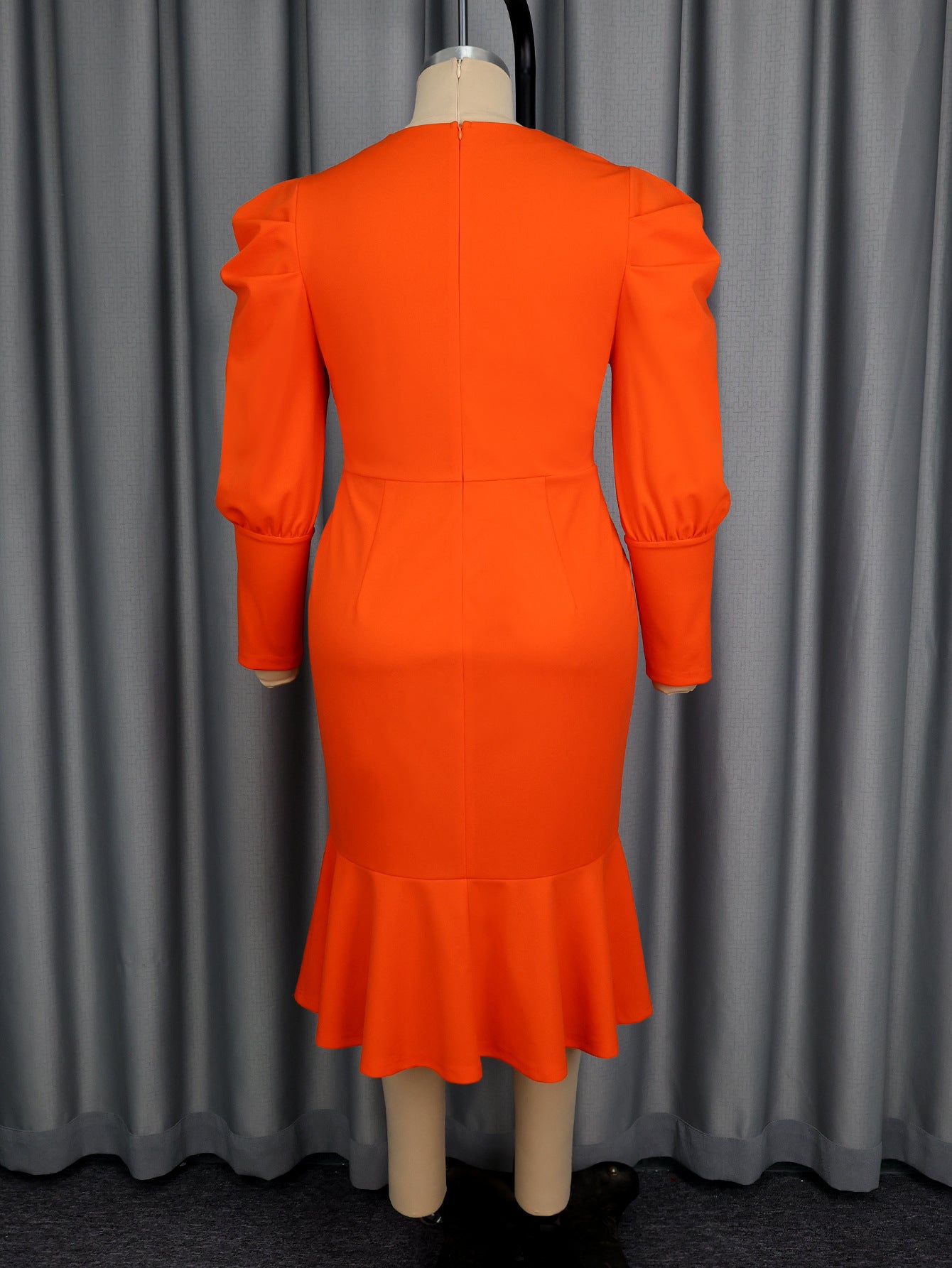 Plus-Size Women Orange V-Neck Embroidered Flower Puff Sleeve Church Wedding Bodycon Fishtail Dress 7