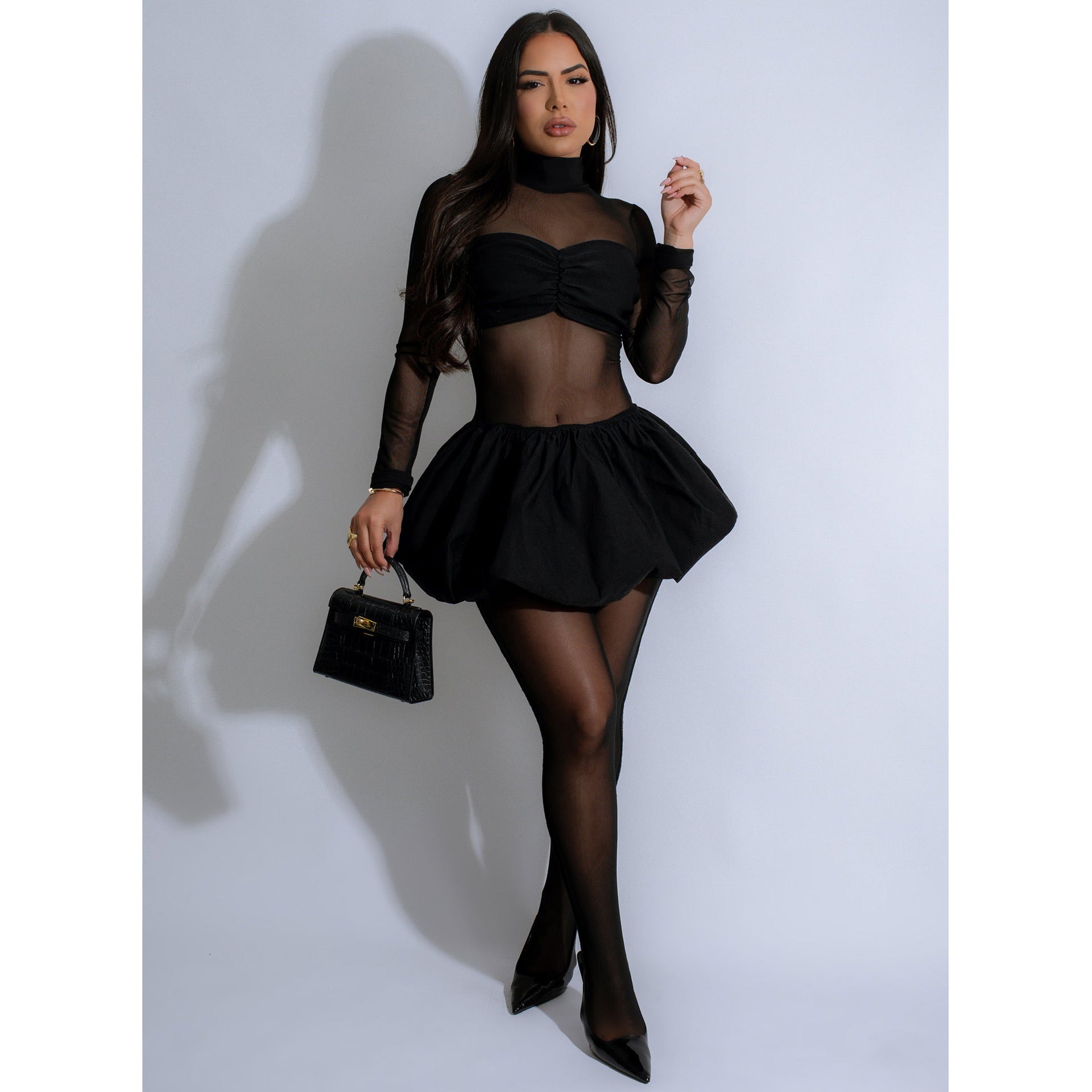 Women summer elegant bubble long sleeve mesh dress 4