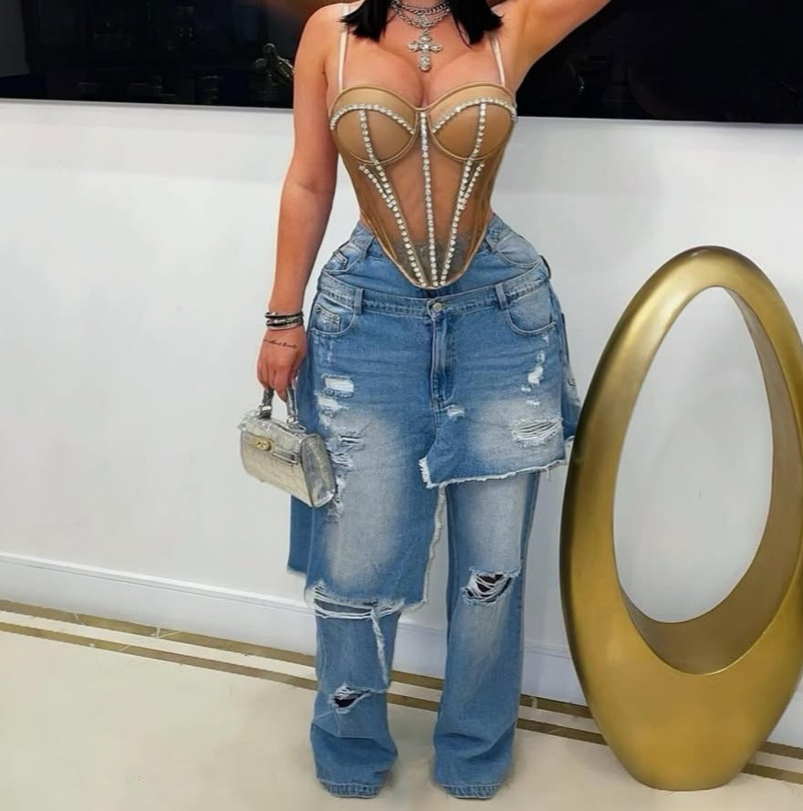 Autumn Winter Women's Fashion Denim Distressed Patchwork Destroyed Loose Straight Leg Pants