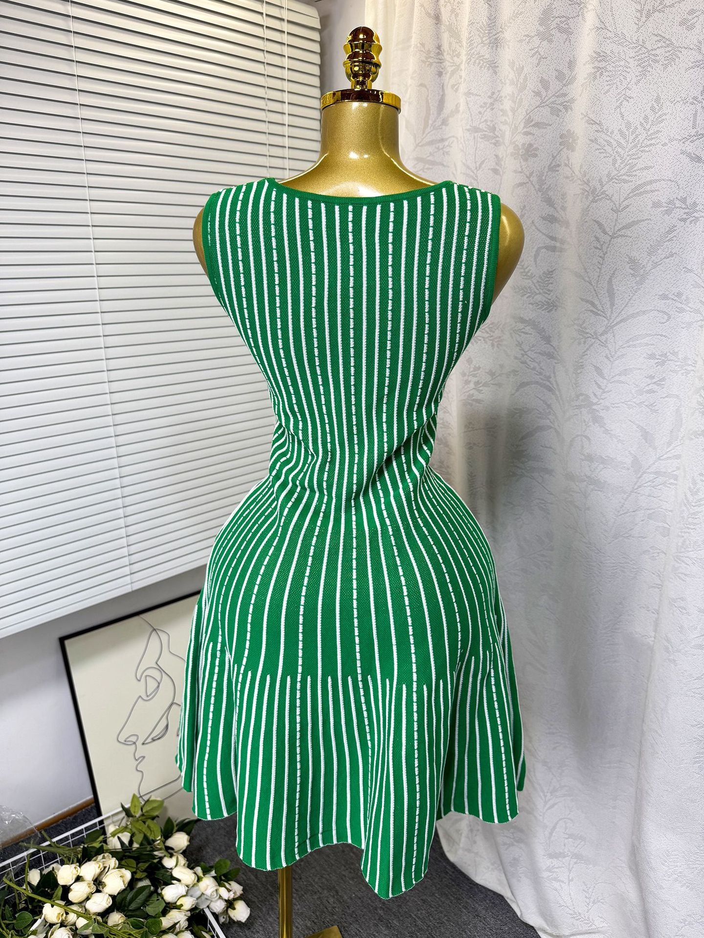 Women's Summer Square Neck Sleeveless Striped Slim Knitting Dress 6