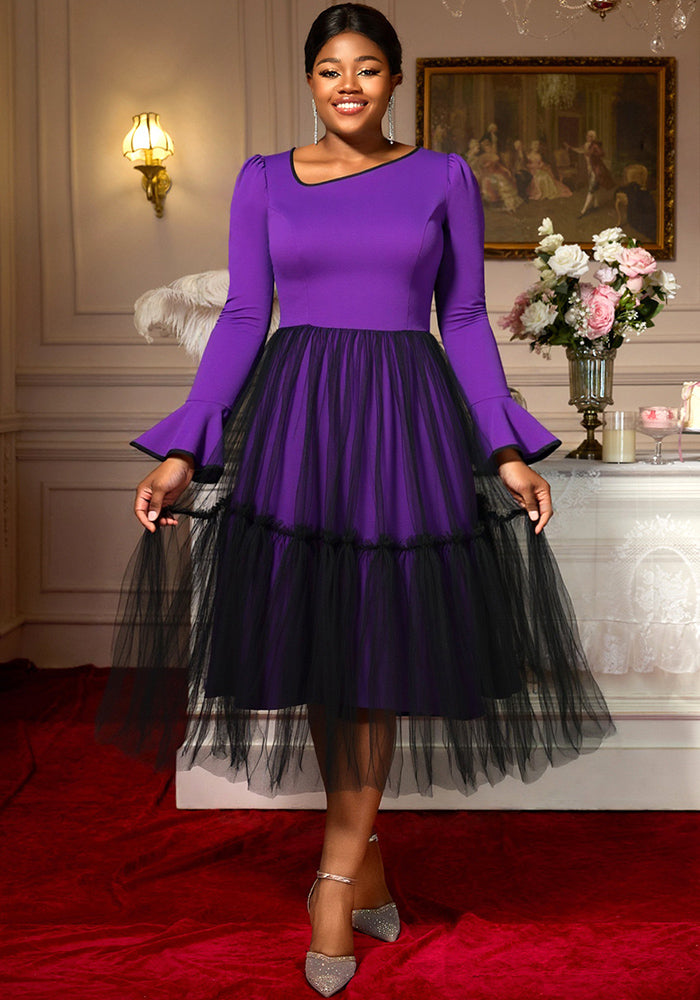 Plus Size Women's Purple Bell Sleeve Mesh Patchwork Elegant Long Dress
