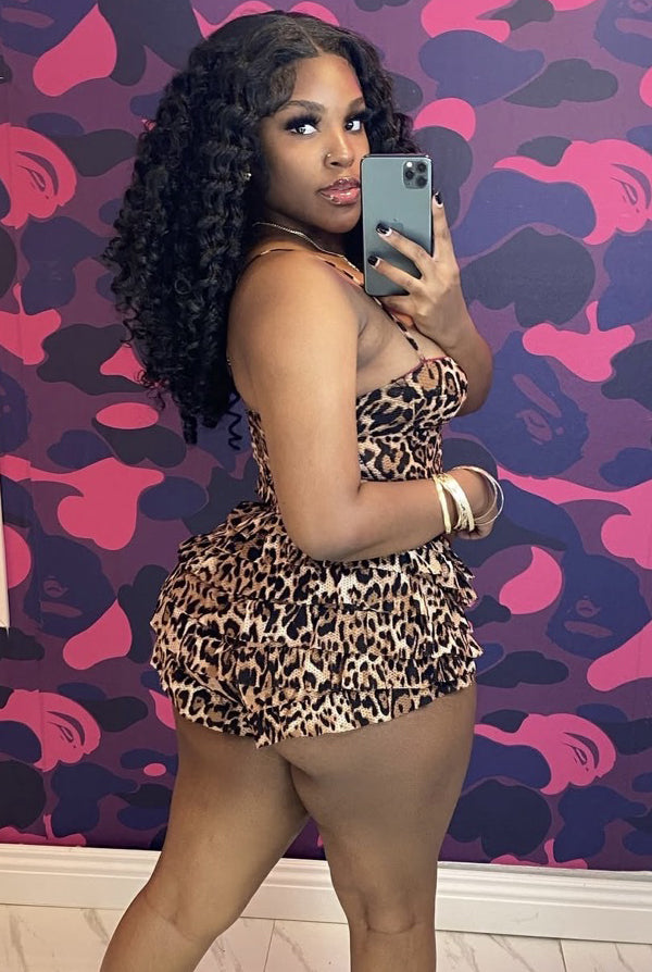 Women Summer Leopard Print Patchwork Bow Tie Suspender Top and Shorts Two-Piece Set 3