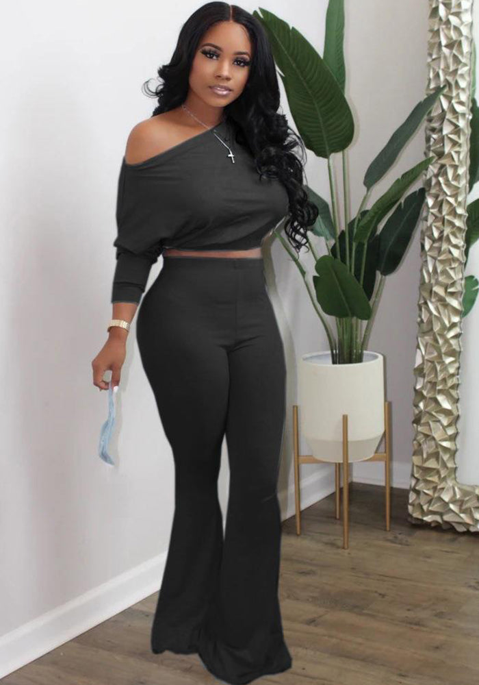 Women's Casual Bat Long-Sleeved Top Bell Bottom Pants Two-Piece Set