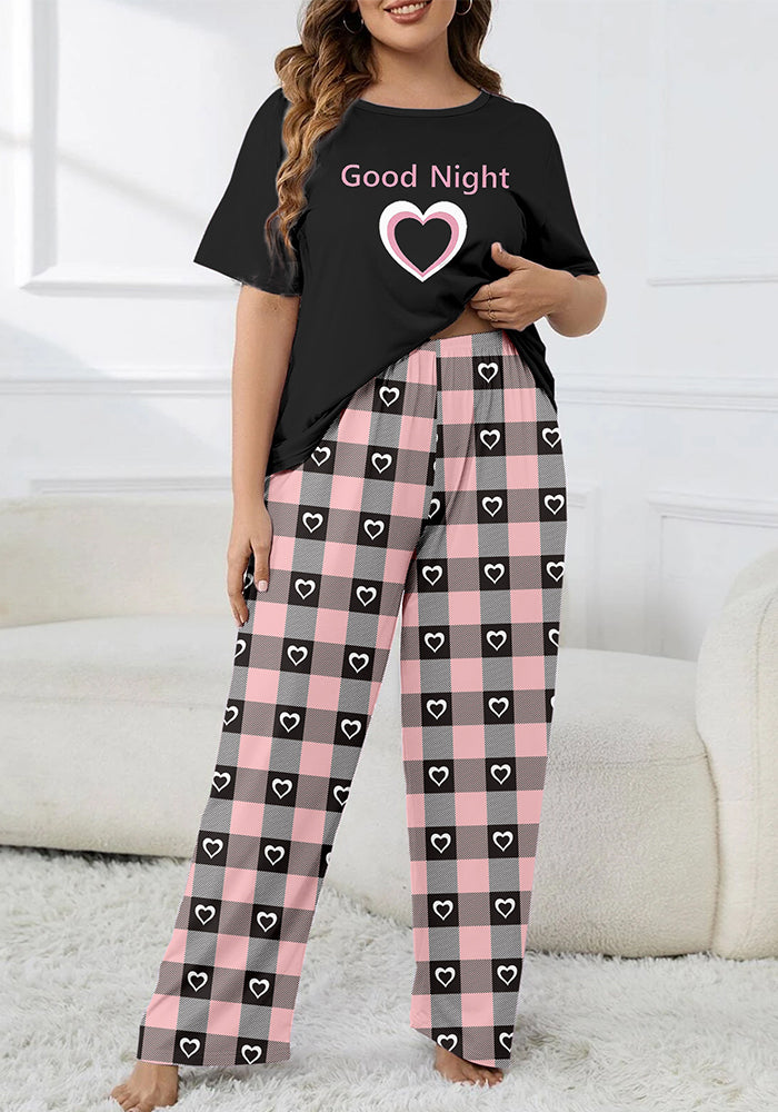 Heart Print Plaid Casual Loungewear Plus Size Pajama Set