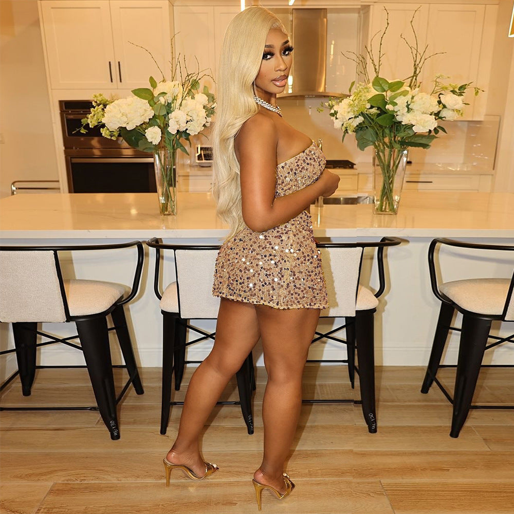 Women Summer Crop Backless Split Sequin Strapless Top and Skirt Two Piece Set 4