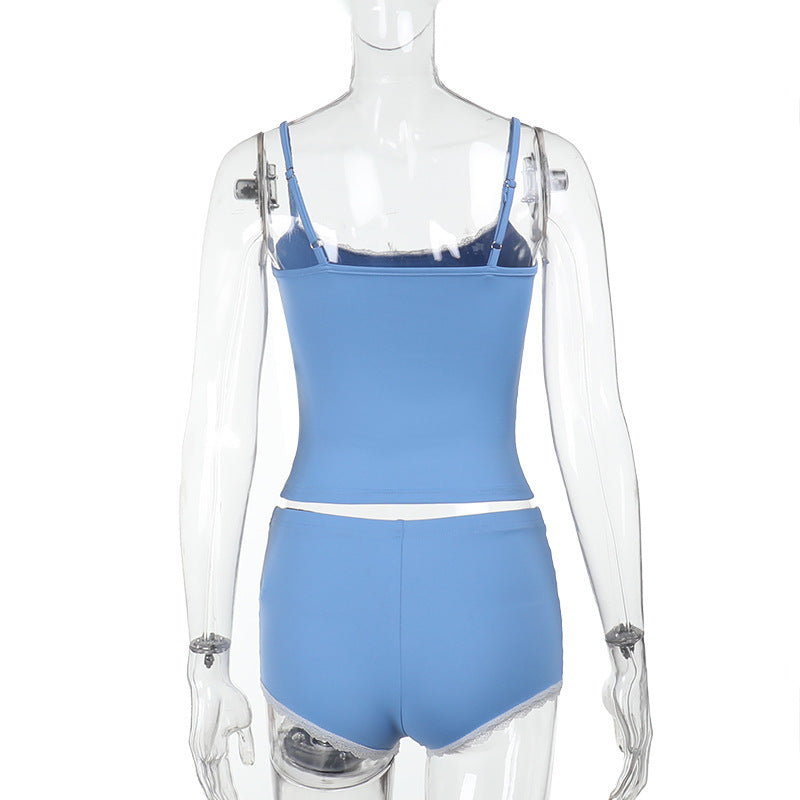 Plus Size Women contrast lace suspender top and shorts two-piece set 7