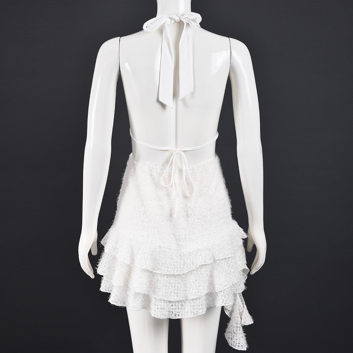 Women's V-Neck Cut-Out Tie-Up Lace-Up Low Back Fuzzy Mini Puffy Dress 7