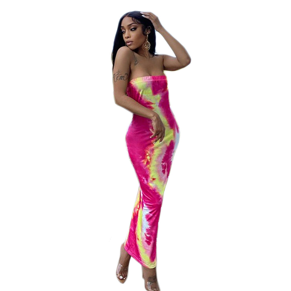 Summer Women's Sexy Printed Strapless Chic Tight Fitting Printed Long Dress 4