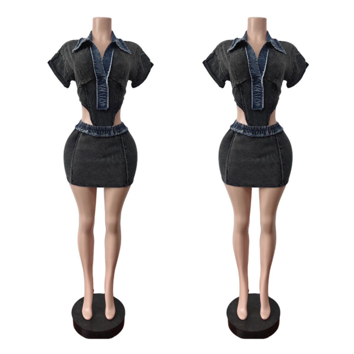 Spring Denim Short-Sleeved Bodysuit High-Stretch Skirt two piece set