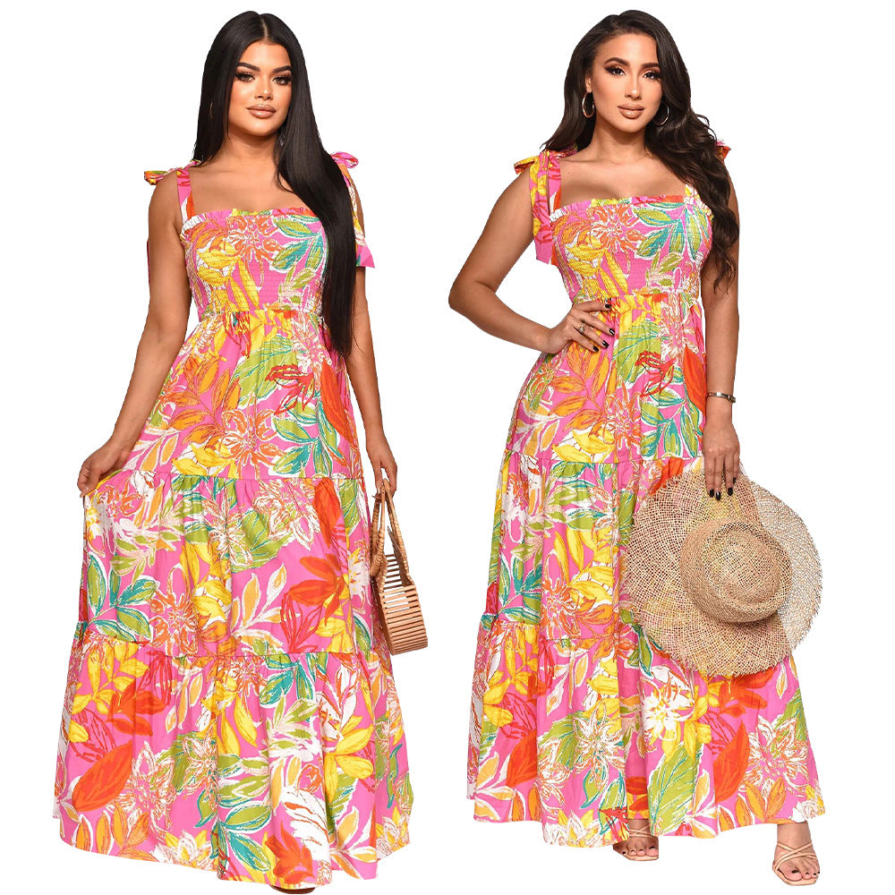 Women Off Shoulder Sleeveless Tie Print Beach Dress 3